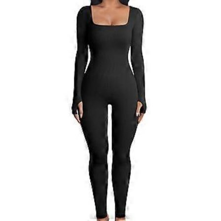 Ribbstickad Bodycon Jumpsuit Flerfärgad Enfärgad Polyester Långärmad För Träning Sport Yoga Fyrkantig Halsringning (M Svart)