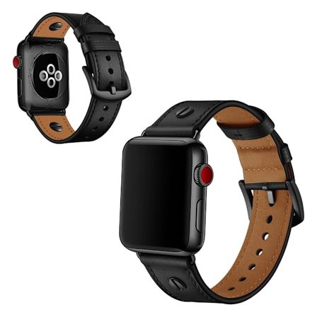 Apple Watch Series 5 44mm nitte dekorations ægte læder Urrem - Sort