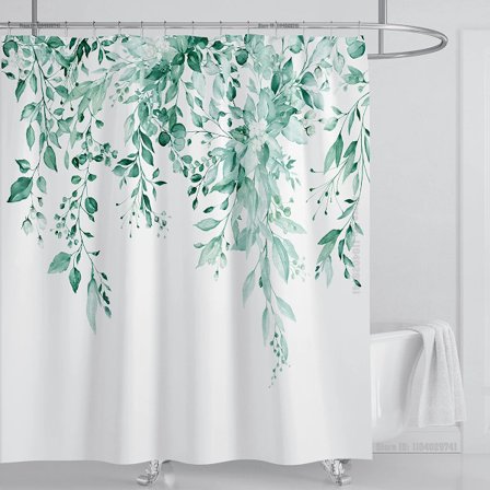 Smaragdgrön Eukalyptus Duschdraperi Tyg, Sammanlänkande Växtblad med Blommigt Duschdraperi Set med Krokar, B200xH180cm