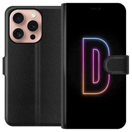 Yhteensopiva Lompakkokotelo Apple Apple iPhone 16 Pro Minimalistinen neonkirjain D väriä vaihtavassa valossa mustaa taustaa vasten modernissa digita