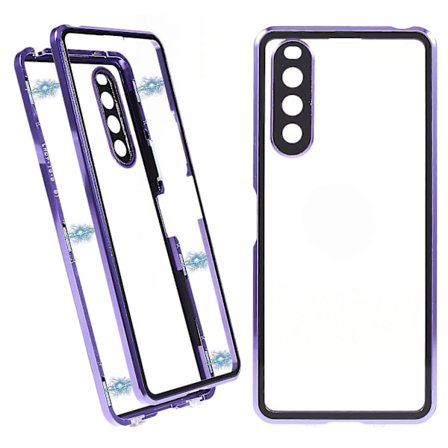 För Sony Xperia 10 V magnetiskt case Metallram + härdat glas + genomskinligt cover på baksidan