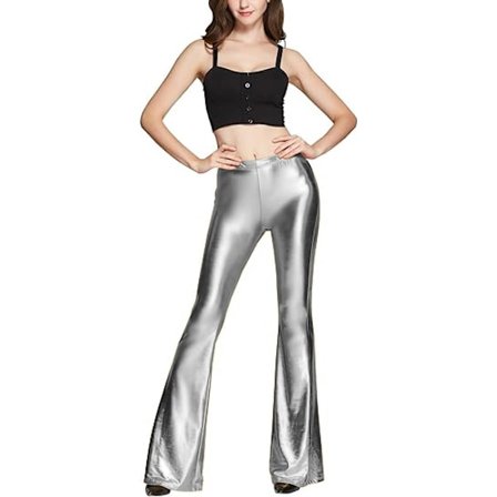 Dame skinnende metalliske pailletter højtaljede stretchy bell bottom flare bukser sølv