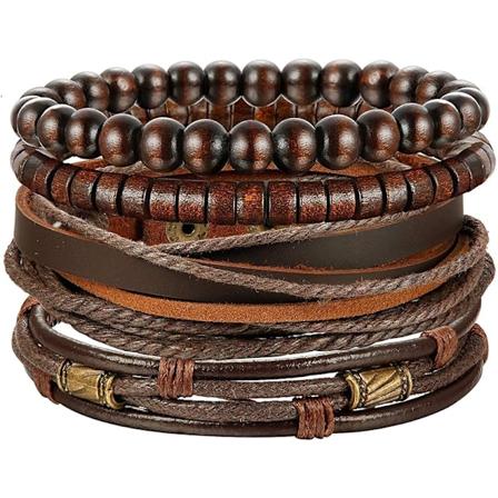 4 stk flettet skinnarmbånd for kvinner og menn, justerbart armbåndsett med perler, svart og brunt