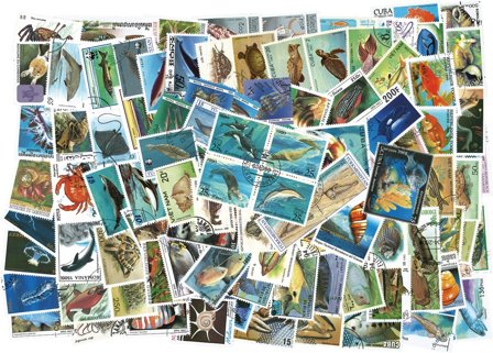 100 Fish/Sea life canc.stamps packets MU