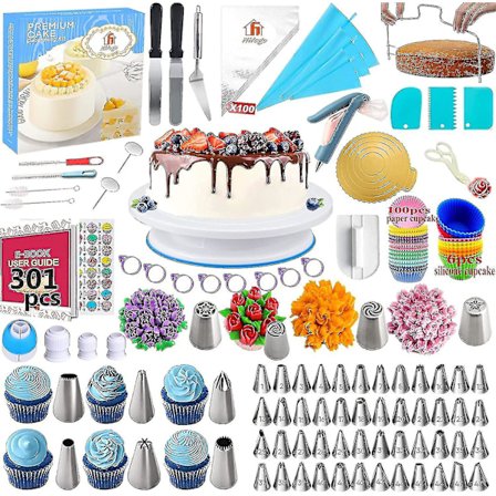 Professionelt bagesæt 301 dele, kage drejeskive, konditor dyser, sprøjtepose, kagedekorationssæt til glasur