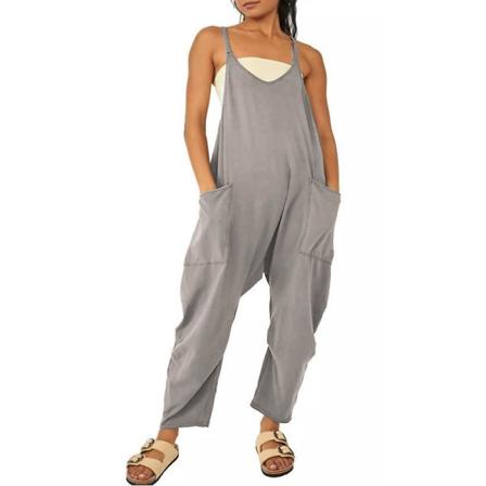 Damkläder Dam Sommar Casual Lös Lång Haklapp Byxor Jumpsuits Playsuits Baggy Rompers Med Ficka Grey XL