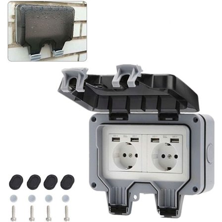 Vattentät Uttag Med Box Dubbla Uttag Utomhus Vägg Ip66 Dubbelströmbrytare Vägguttag Med Usb För Trädgård Garage Pool Med Skydd