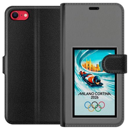 Yhteensopiva Lompakkokotelo Apple iPhone SE (2022) Dynaaminen kelkkailija tai skeleton-ajaja jääkanavalla Milanon Cortina 2026 kanssa, kaupunkinäkymä