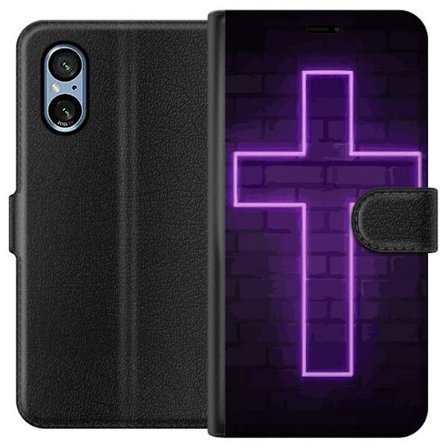 Kompatibel Tegnebogsetui til Sony Sony Xperia 5 V Neonkors i lilla lys mod mørk murvæg, symbolsk motiv med stærk glød moderne æstetik og dramatis