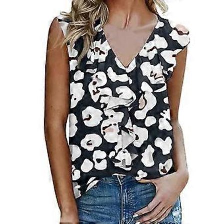 Dame Sexet V-Hals Tanktoppe Sommer Flæse-Toppe Afslappede Cami Skjorter Bluser Tunika Top Løs Behagelig-Bluse T-shirts Sort S(S Sort)