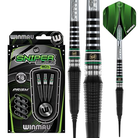 Winmau Sniper Darts 18g/20g Professional Tungsten Steel Soft Tip Black/Green Prism Force Flights - Elite Player Set