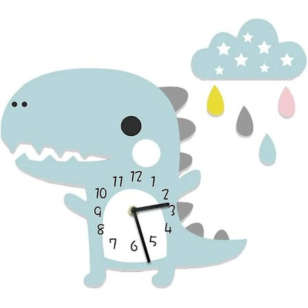 Lasten seinäkello dinosaurus pilvien kanssa, tikittämätön äänetön kello, sininen poikien seinäkello