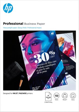 HP Professional Business-papper, glättat, 180 g/m2, A3 (297 x 420 mm), 150 ark, 193905504923