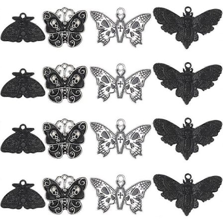 1 Ask 24 st 4 Stilar Fjärilsberlocker Malberlocker Bulk Gotisk Berlock Svart Skalle Fjärilar Skelett Halloween Legering Insekt Berlock för 