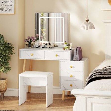 COSTWAY Meikkipöytä ja Jakkara Peilillä, Säädettävät Valot, 5 Vetolaatikkoa, Marmori Efekti Viimeistely ja Tammi Jalakset, Valkoinen