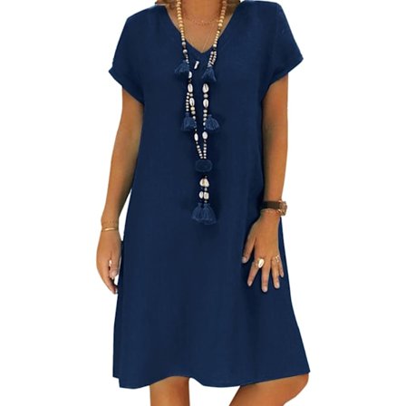 Damekjole Sommer Linnedkjoler Afslappet V-hals Midi Kjole Kortærmet A-linje Kjole Sommerkjole Tunikakjole Uden Tilbehør (Halskæde ikke inkluderet)