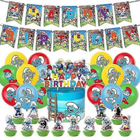 Smølferne temafest forsyninger Tillykke med fødselsdagen bannere balloner kage dekorationer børne fødselsdags dekorationer sæt (LGL)