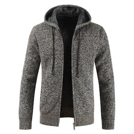 Casual strikket hettegenser for menn med glidelås, fleece, lange ermer, varmende genser for vinteren
