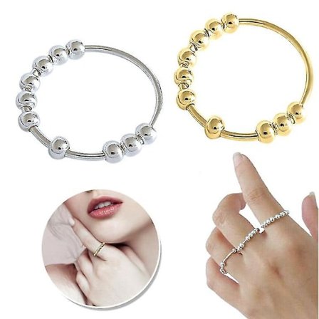 Roterbar ring med pärlor, antistress-ring mot ångest, 2-pack, guld och silver
