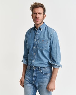 GANT - Klassisk regular fit denimskjorte til herre semi light blue worn in