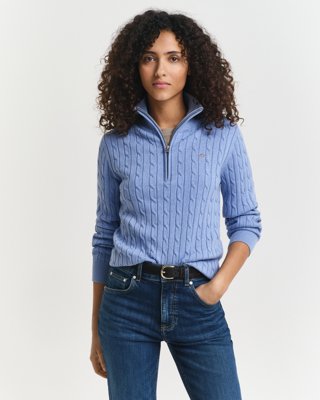 GANT - Kabelstrikkgenser i elastisk bomull med halv glidelås til dame clear sky