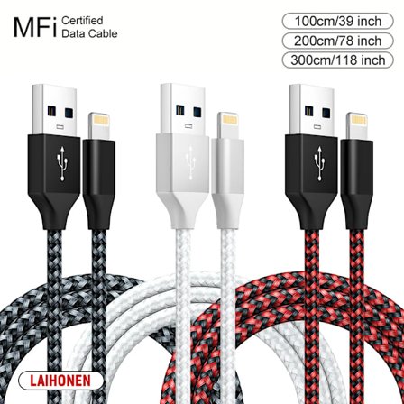 LAIHONEN USB-kabel för iPhone 5 6 7 8 Plus X XS XR 11 12 13 14 Pro Max SE 1m 2m 3m Lång Kort iOS Data Laddare Sladd Snabbladdning