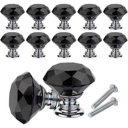 Krystall Knotter til Skap, 10 stk Diamant Krystall Knotthåndtak, 30mm Med Skruer (svart)