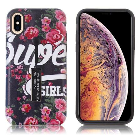 iPhone Xs Max Kukka kuviollinen hybriidi muovinen takasuoja kuori jalkatuella - Peonit ja Teksti Red