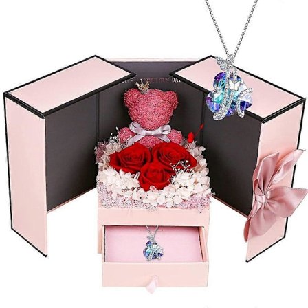 Kunstig Blomsterbuket med Præserverede Ægte Røde Roser, Mos-Bjørn og Halskæde - Gave til Dekoration