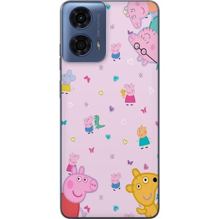 Kompatibel Mobilcover til Motorola Moto G24 Peppa Gris med en baby i armene, morgris motiv i farverig og blød børneillustration med hjerter