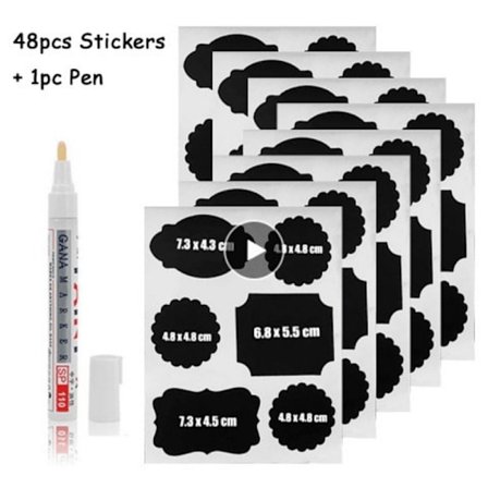 8 kpl irrotettavia liitutaulutarroja lasipulloille + kynä