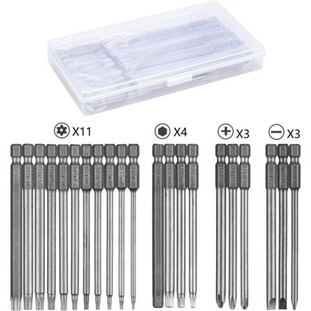 Skrutrekkerbits 21 deler, magnetisk skrutrekkerbit 100mm lang, Torx T6-T40, Hex 3mm-6mm, Phillips