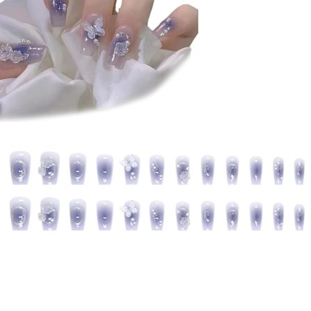 24 st Press on Nails Korta Press On Nails, Falska Naglar Kistformade Naglar för Kvinnor med Fjärilsdesign Glansiga Naglar
