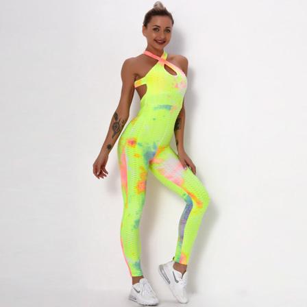 Europeisk och amerikansk Sexig Cross Tie-Dyed Skönhet Rygg Yoga Kostym Dam Fitness Sport Bubble Flerfärgad One-Piece 6225 jumpsuit-yellow, red and 