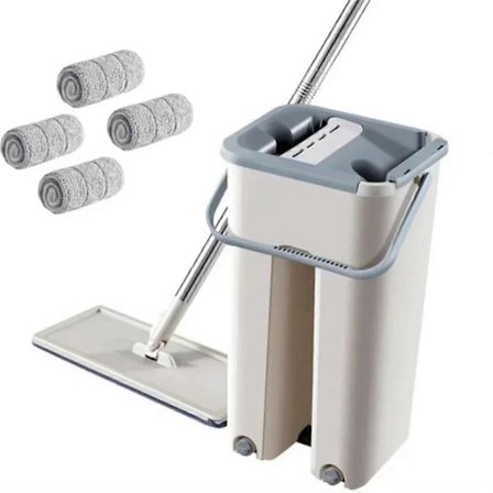 Moppe med vrider sæt med 4 vaskbare mikrofiberpuder til våd og tør brug på hårdttræ Lam (Fww)