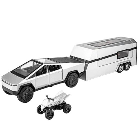 Paris_1/32 Tesla Cybertruck med campingvogn Diecast lekebil metall miniatyrmodell trekk-tilbake lyd og lys samling gave gutt