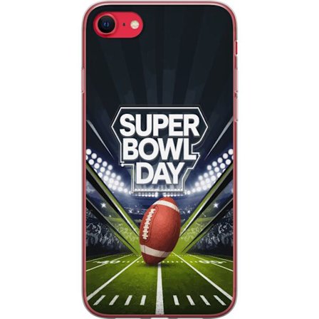 Kompatibelt Mobildeksel til Apple iPhone SE (2022) Super Bowl Day plakat med amerikansk fotball på opplyst arena i dramatisk sportsdesign