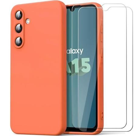 Etui til Samsung Galaxy A15 4G-5G, orange flydende silikone + 2 skærmbeskytter af hærdet glas Orange