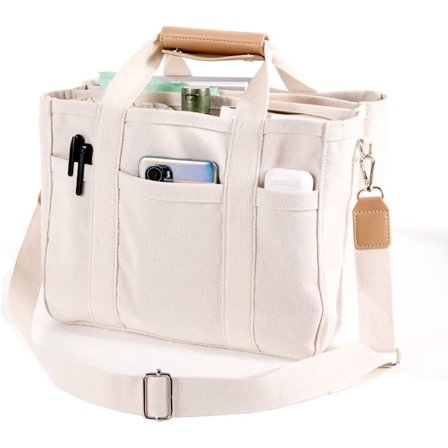 Dametasker, Dame Shopper Taske med Lynlås, Dame Håndtaske med Flere Lommer, Canvas Tote Taske, Taske med Top Håndtag, Stor Kapacitet Pung, Hvid