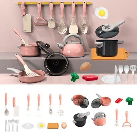 Twfbrm 24 Delar Barn Kökslekset med Kastruller, Pannor, Köksredskap & Mat, kompatibelt med leksakskök, Låtsaskockleksaker för 3-6 [D]