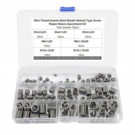 Gevindindsats-sæt til gevindreparation, stålskede spiralformet skrue reparationsmuffe sortiment i holdbar plastikæske, rustfrit stål