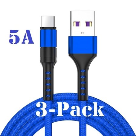 3-pak - 2m - USB-C 5A "BLÅ" / kabel / opladerkabel / hurtigopladning