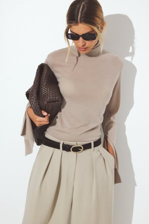 NA-KD - Strikket topp i merinoull med høy hals - Pologenser - Beige - L (EU 42-44)