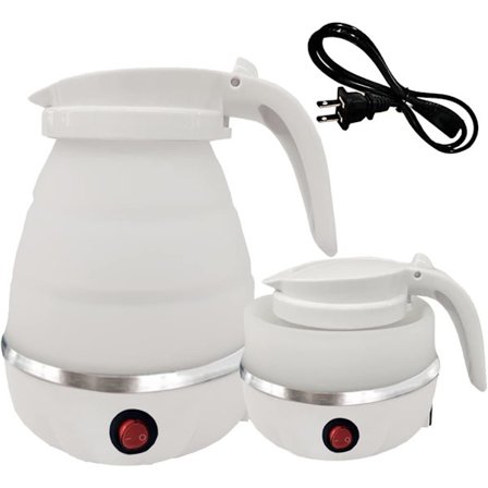 Sammenleggbar bærbar elektrisk vannkoker med matkvalitet silikon, 9 minutter rask brygge tekanne kaffetrakter, 600ML hvit