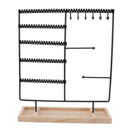 Øreringe Hanger Jern 5 Tier 90 Huller 2 Metal Bar Øreringe Rack med Træbase til Øreringe Halskæder Armbånd Ringe Sort