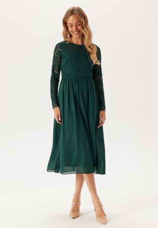 Bubbleroom Occasion - Lace Long Sleeve Midi Dress - Dark green - Kläder