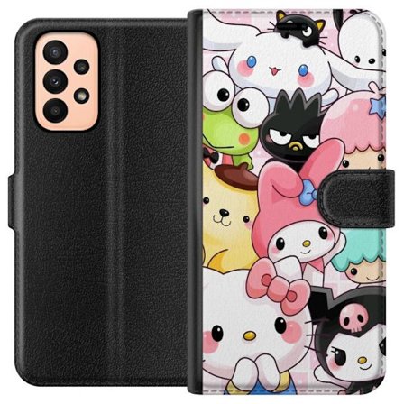 Kompatibelt Lommeboketui til Samsung Galaxy A23 Tett mønster av søte figurer med store øyne i ulike farger og uttrykk med LABUBU-tekst