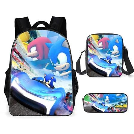 SONIC ryggsekk Sonic barneskole ryggsekk 3-delt sett tegneserie tegneserie ryggsekk skulderpose pennal F-WELLNGS Style F three-piece