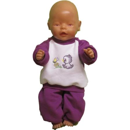 Joggingset i lila/vitt med fågel till Baby Born, dockkläder. Lila/vit fågelmotiv