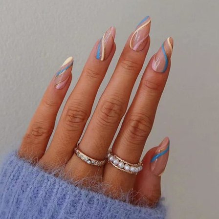 Swirl Almond Falska Naglar Vågmönster Stiletto Klisternaglar Abstrakt Rosa Falska Naglar 24 st Akrylkonst Press-on Nagelspetsar för Kvinnor och 